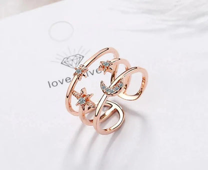 Crystal Moon Star 925 Silver Rings Adjustable Rings