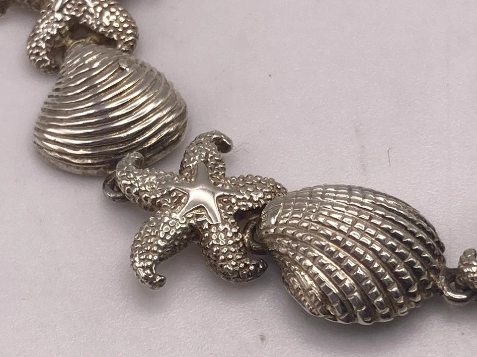 Sterling Silver Textured Seashell Starfish Sea Star Beach Shells Bracelet 7.5"