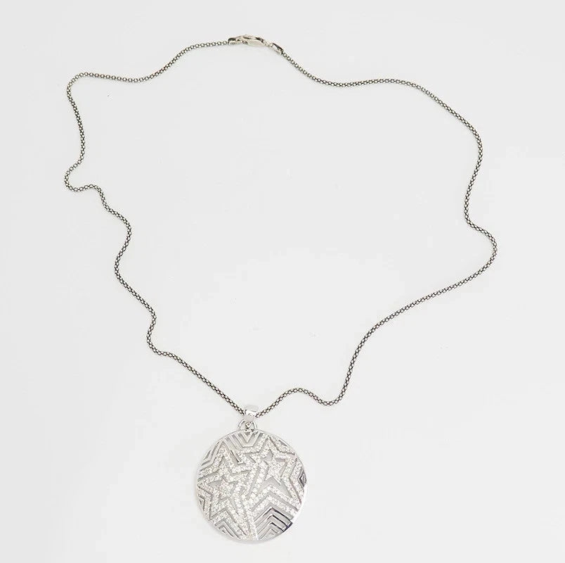 Sterling silver studded crystals star detail round pendant necklace