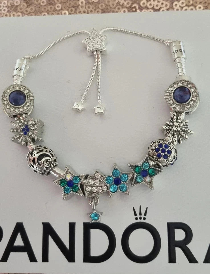 Genuine Pandora Bracelet star Clasp & Silver/Blue Charms Adjusts + Pandora Box