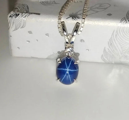 Natural Oval Cut 6 Rays Star Blue Sapphire Gemstone 925 Sterling Silver Necklace