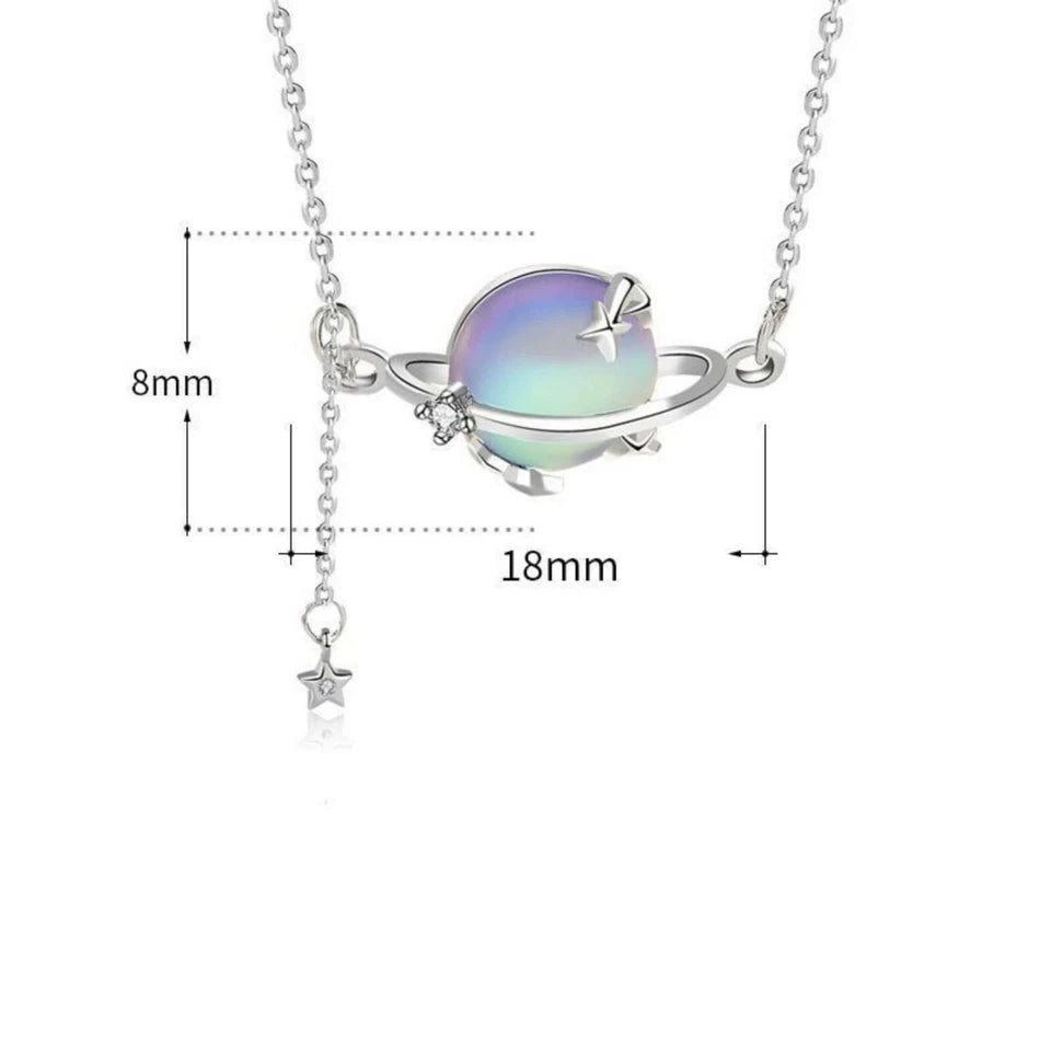 Gift Round Moonstone Planet Stars 925 Sterling Silver Necklace Jewelry Women