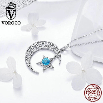 Voroco 925 Sterling Silver Moon Star Pendant Necklace Blue CZ Chain Jewelry
