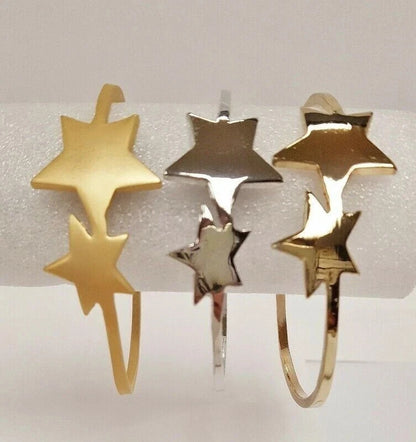 DUAL STAR SHINY GOLD, BRUSHED GOLD & SILVER 3 BANGLE BRACELET MATCHING SET V202