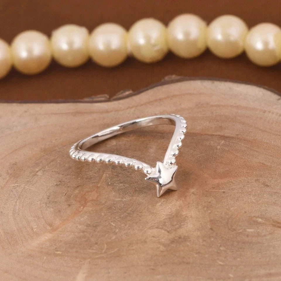 Minimalist Dotted Band Chevron Ring With Tiny Star In Sterling Silver For Gift