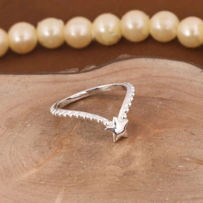 Minimalist Dotted Band Chevron Ring With Tiny Star In Sterling Silver For Gift