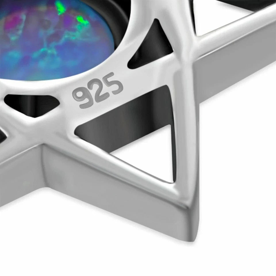 Blue Simulated Opal 925 Sterling Silver Star of David Pendant Necklace