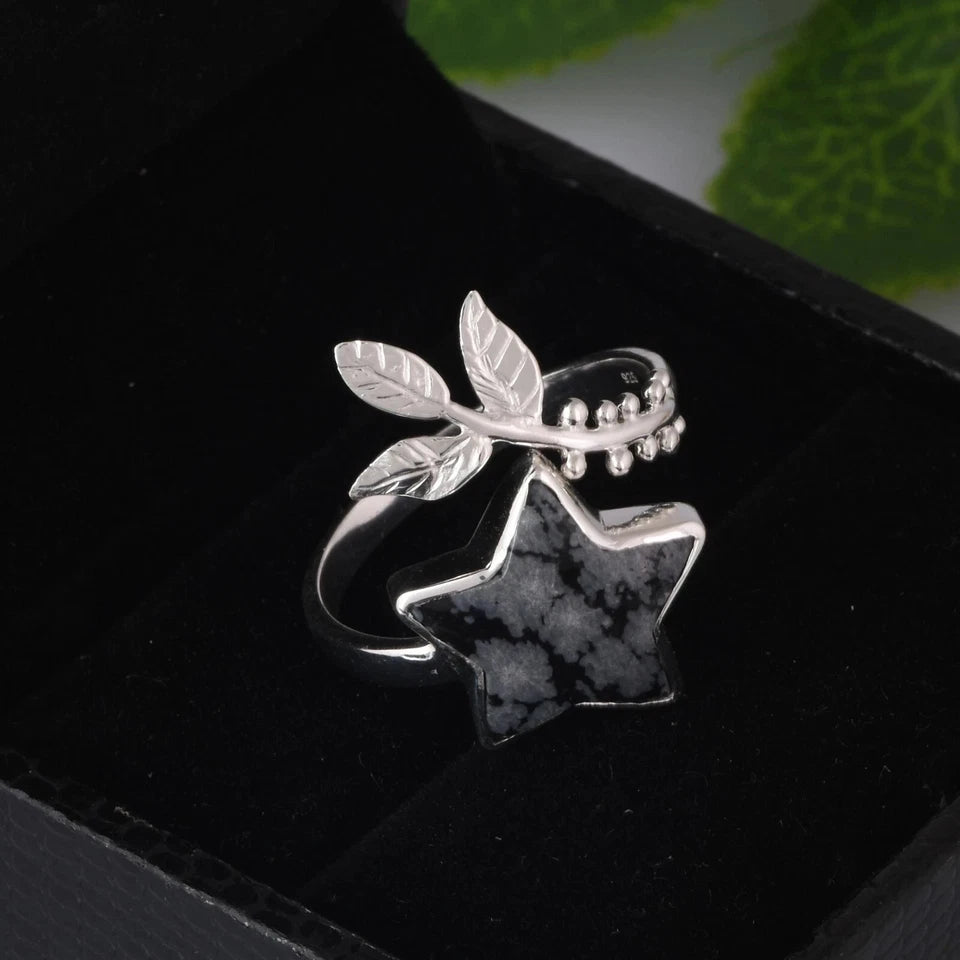 Moonflower / Star Cosmic Connect Snowflake Obsidian With Olive Leaf Silver Ring
