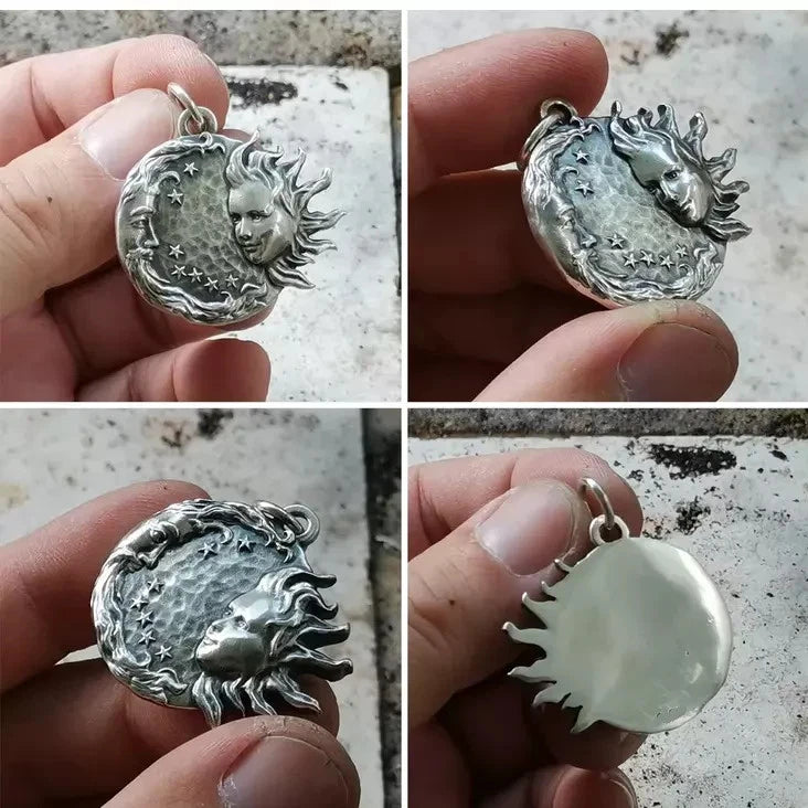 MOON SUN FACE STARRY STAR CELESTIAL Pendant 925 Sterling Silver 26" Necklace