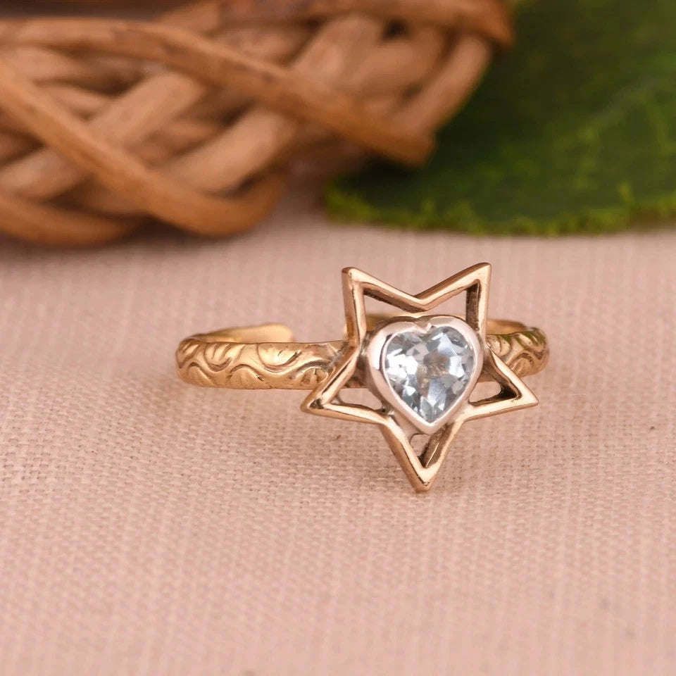 Star Pattern 925 Silver & Gold Ring For Birthday Gift With Heart Blue Topaz