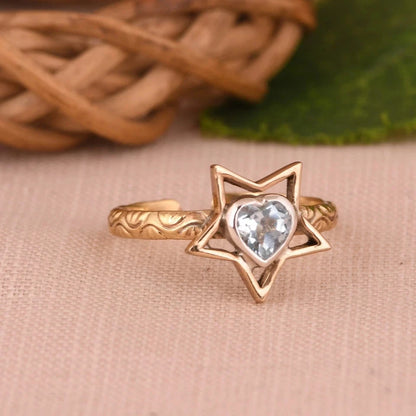 Star Pattern 925 Silver & Gold Ring For Birthday Gift With Heart Blue Topaz