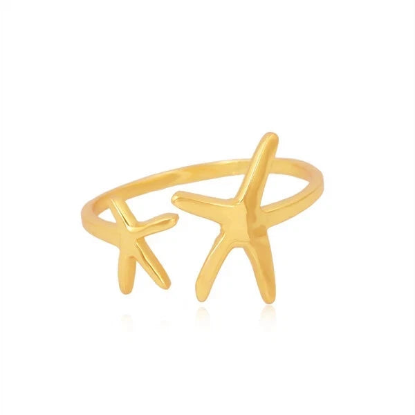 Sterling Silver Double Starfish Adjustable Ring Gold Ocean Lover Gift Jewelry