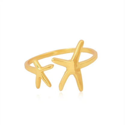 Sterling Silver Double Starfish Adjustable Ring Gold Ocean Lover Gift Jewelry