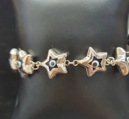 NEW Sterling Silver Bracelet Fancy Stars Blue Eye 925 Good Luck Safe Evel