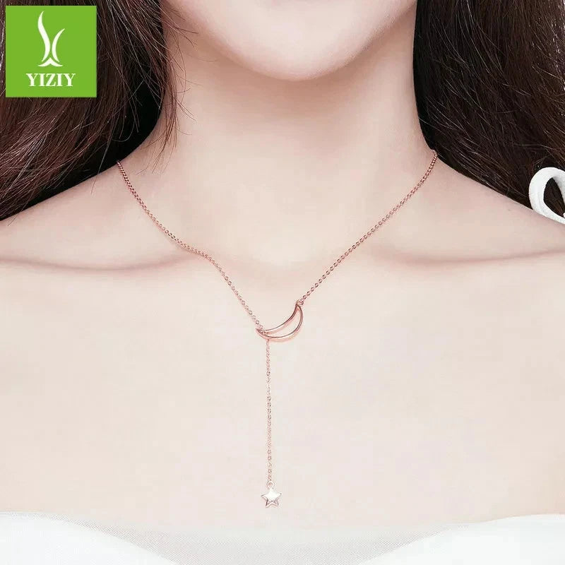 Authentic Moon Star 925 Sterling Silver Necklace Women Chain Rose Gold Jewelry