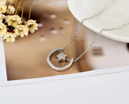 Women 925 Sterling Silver Cute Crescent Moon Star Charm Pendant Necklace Jewelry