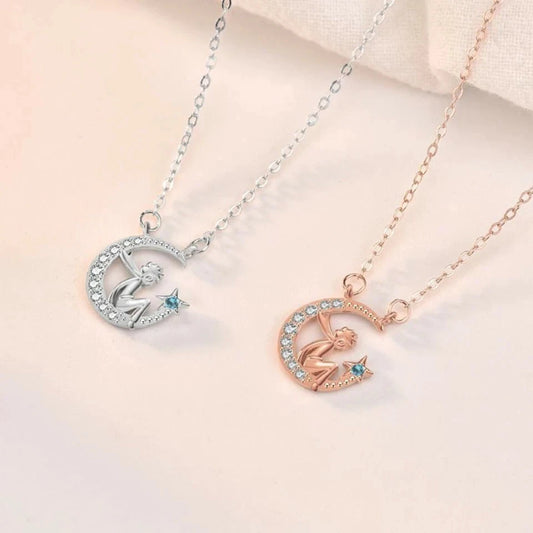 Little Prince Necklace 925 Silver – Crescent Moon Star Pendant Gift for Girls
