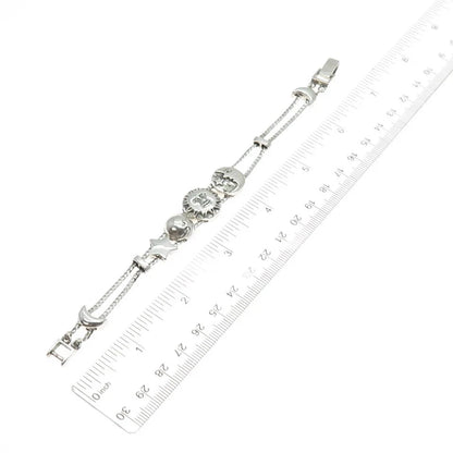 925 Sterling Silver Vintage Sun Crescent & Star 2-Strand Curb Link Bracelet 6.5"