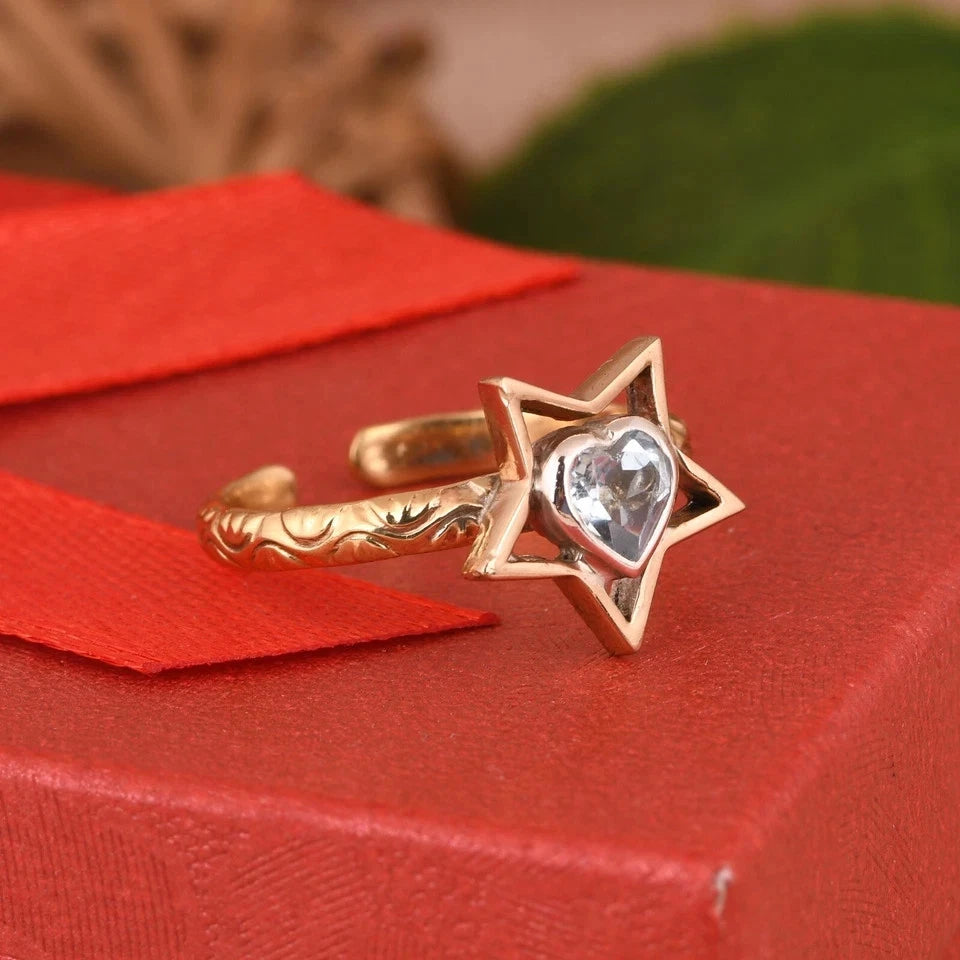 Star Pattern 925 Silver & Gold Ring For Birthday Gift With Heart Blue Topaz