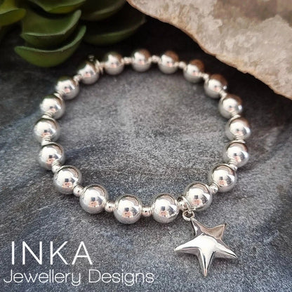 925 Sterling Silver CHUNKY Bracelet 8mm Beaded Stretch STAR Stacker By INKA