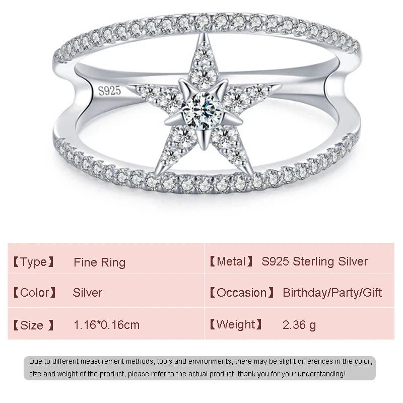 European Double layered Lines Star CZ S925 Sterling Silver Finger Ring For Women