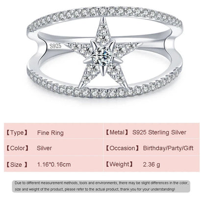 European Double layered Lines Star CZ S925 Sterling Silver Finger Ring For Women