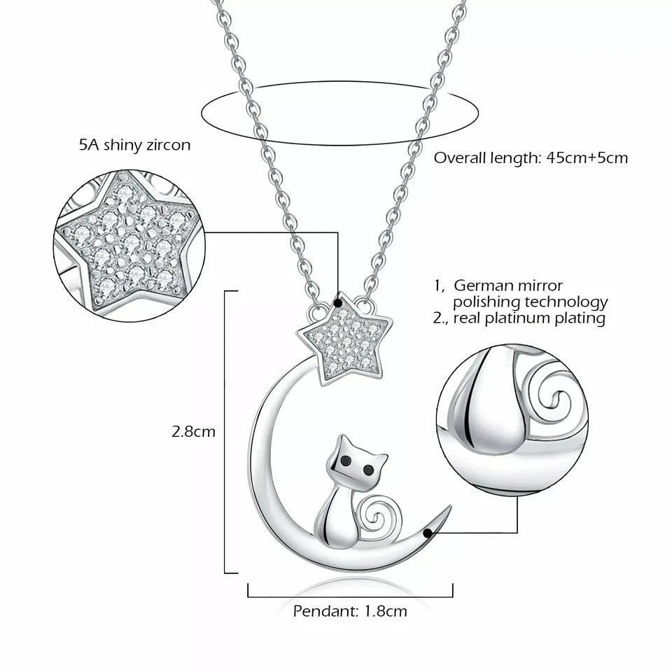 Crescent Moon Cat CZ Star Pendant Necklace 925 Sterling Silver Jewelry Women's