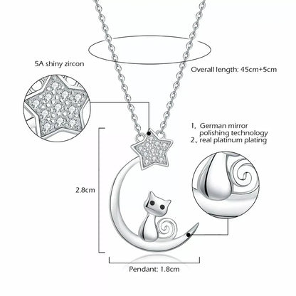Crescent Moon Cat CZ Star Pendant Necklace 925 Sterling Silver Jewelry Women's