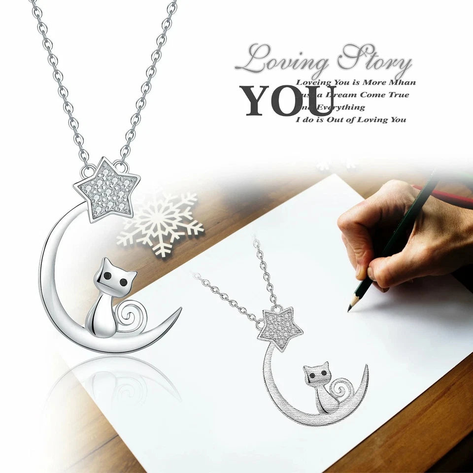 Crescent Moon Cat CZ Star Pendant Necklace 925 Sterling Silver Jewelry Women's