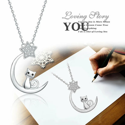 Crescent Moon Cat CZ Star Pendant Necklace 925 Sterling Silver Jewelry Women's