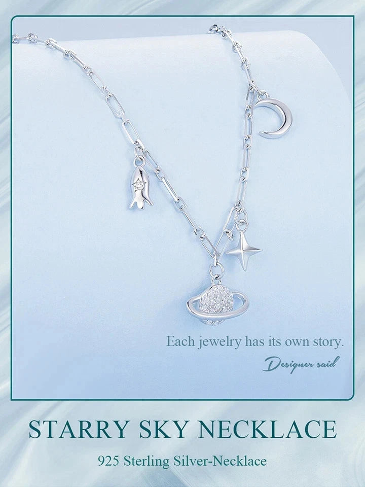 BAMOER 925 Sterling Silver Star Moon Rocket Necklace Gift Women Jewelry Wedding