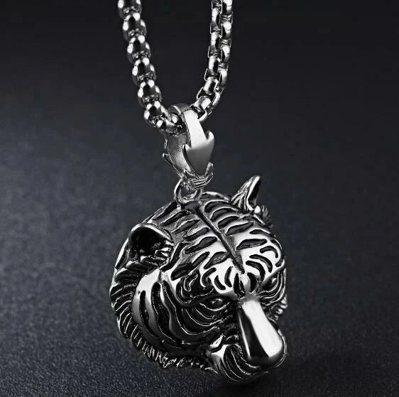 Gothic Men's Stainless Steel Solid Tiger Head Pendant Chain Necklace Casting 24'