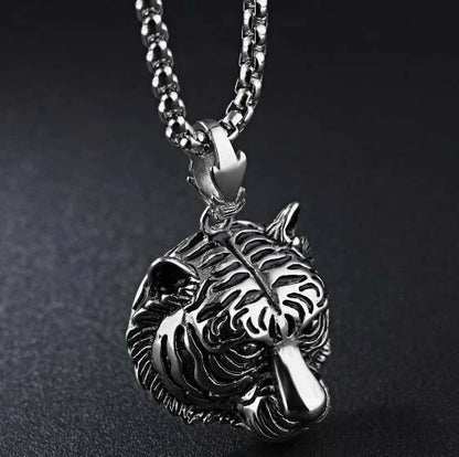 Gothic Men's Stainless Steel Solid Tiger Head Pendant Chain Necklace Casting 24'
