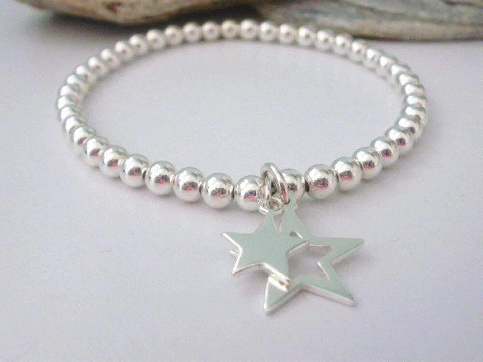 Sterling Silver Stretch Bead Bracelet with Double Star Charms, Gift Boxed, Sizes