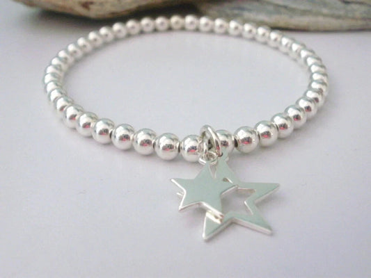 Sterling Silver Stretch Bead Bracelet with Double Star Charms, Gift Boxed, Sizes