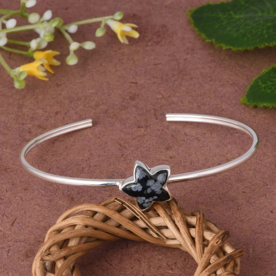 Star/ Moon Flower Women Cuff Bangle With 925 Sterling Silver Snowflake Obsidian