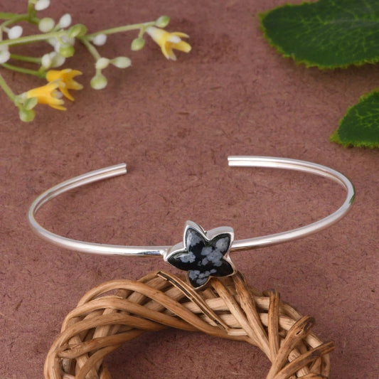 Star/ Moon Flower Women Cuff Bangle With 925 Sterling Silver Snowflake Obsidian