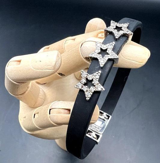 Vintage sterling 925 silver black rubber bracelet with 3 Rhinestone Stars 7.5"