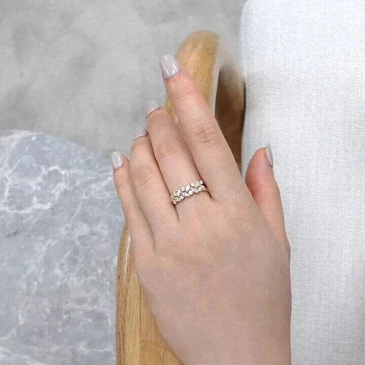 Marquise & Round Diamond Engagement Band Ring 14K Yellow Gold FN Wedding Gift