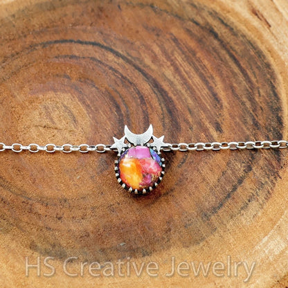 Moon and Star Kingman Pink Dahlia Turquoise 925 Sterling Silver Necklace Jewelry