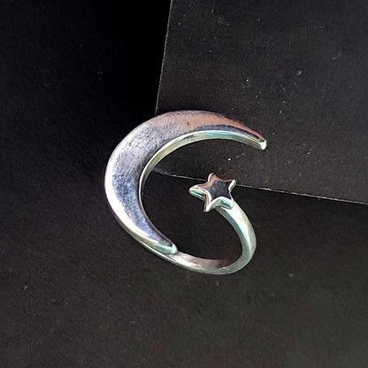 925 Solid Sterling Silver Jewelry Star Moon Shape Adjustable Ring