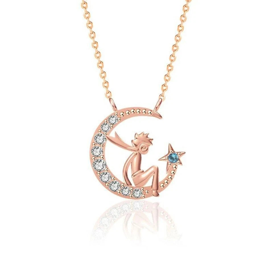 Little Prince Necklace 925 Silver – Crescent Moon Star Pendant Gift for Girls