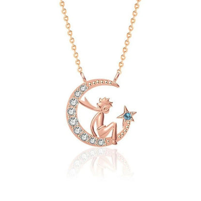 Little Prince Necklace 925 Silver – Crescent Moon Star Pendant Gift for Girls