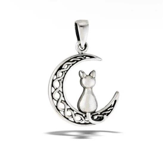 Sterling Silver Moon Cat Pendant Necklace, Cat Jewelry, Moon and Stars