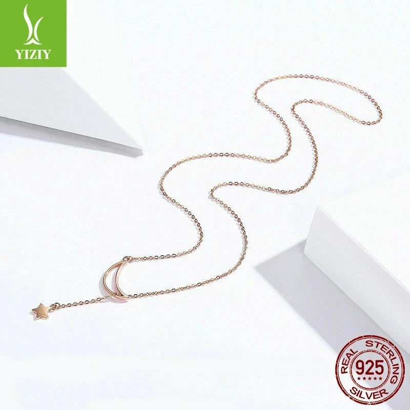 Authentic Moon Star 925 Sterling Silver Necklace Women Chain Rose Gold Jewelry