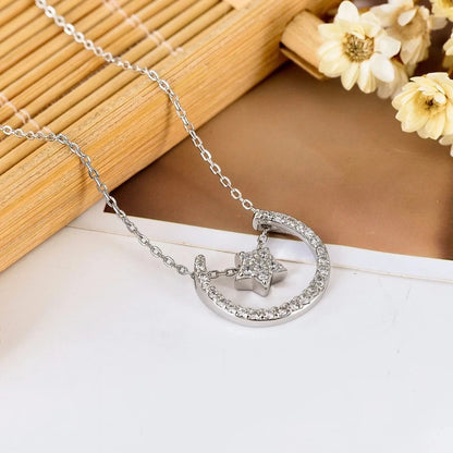 Women 925 Sterling Silver Cute Crescent Moon Star Charm Pendant Necklace Jewelry