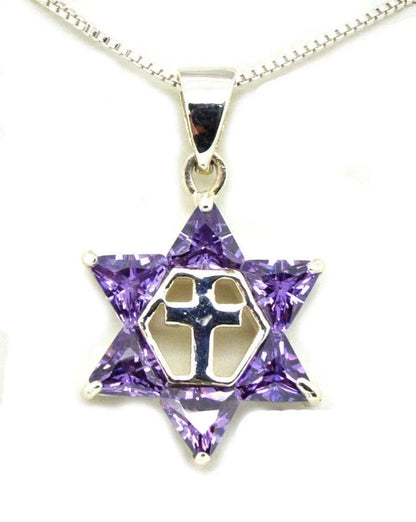 Star of David with the cross pendant purple CZ 925 sterling silver 18" NECKLACE