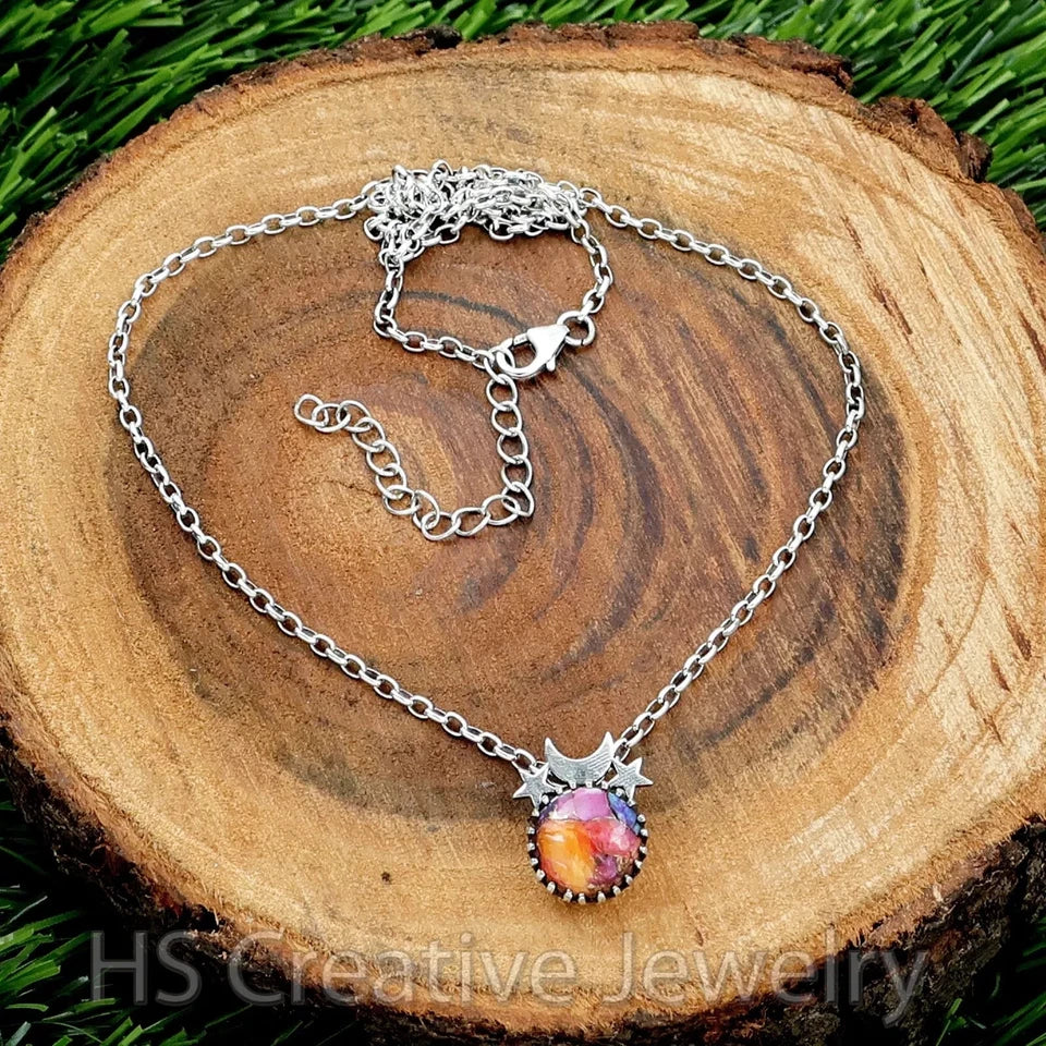 Moon and Star Kingman Pink Dahlia Turquoise 925 Sterling Silver Necklace Jewelry