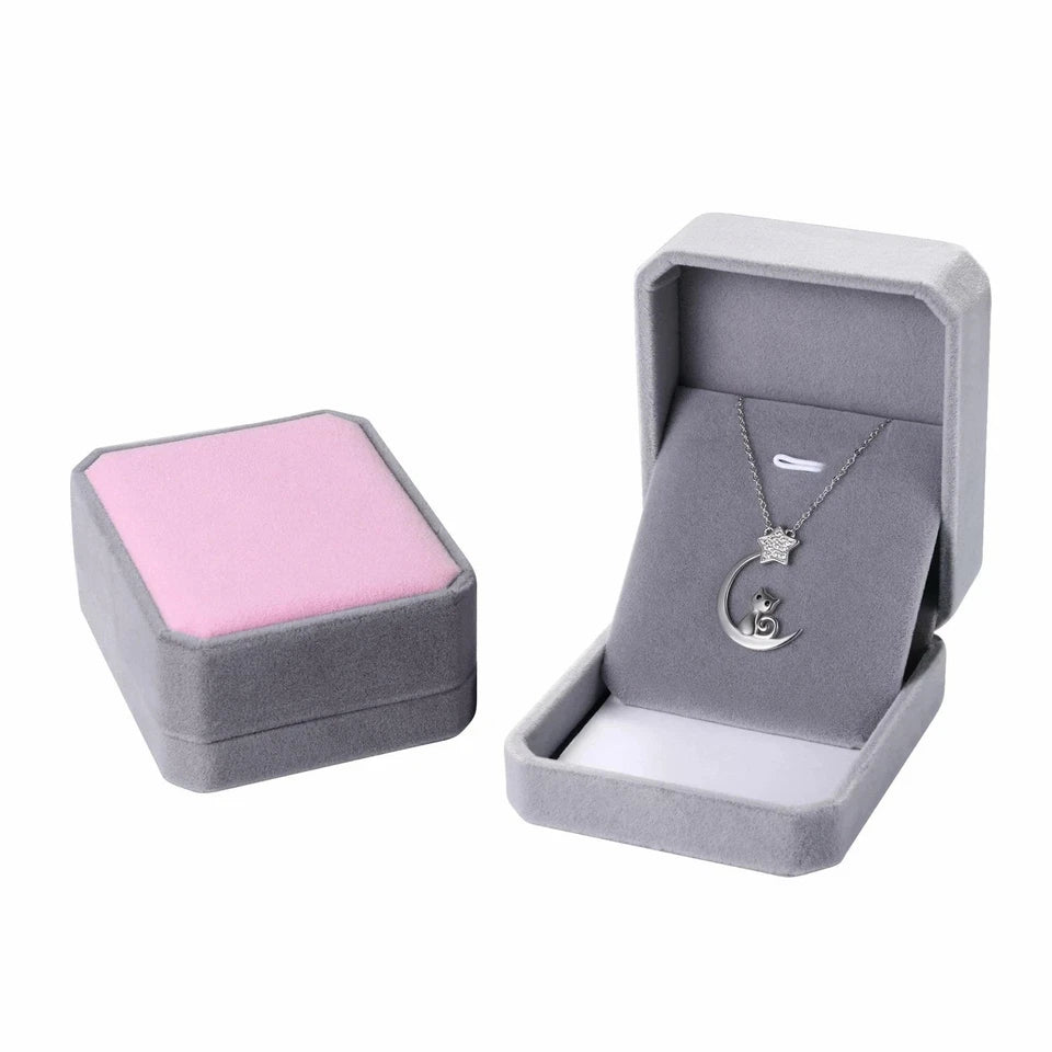 Crescent Moon Cat CZ Star Pendant Necklace 925 Sterling Silver Jewelry Women's