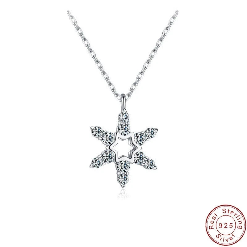 AAA CZ Star Snowflakes S925 Sterling Silver Necklace Clavicular Chain For Women